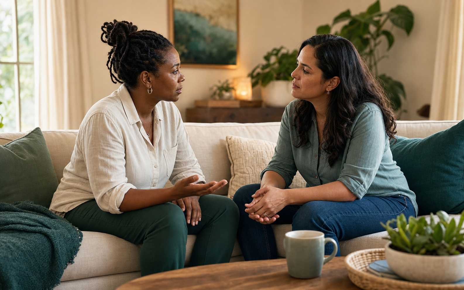 A queer couple having a difficult but caring conversation at home