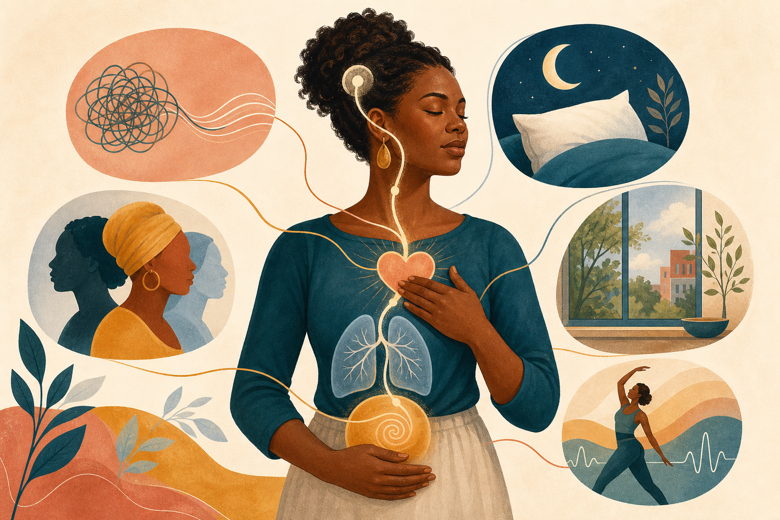 Illustration of a Black woman connected with symbols of stress, sleep, environment, identity, and physical wellbeing